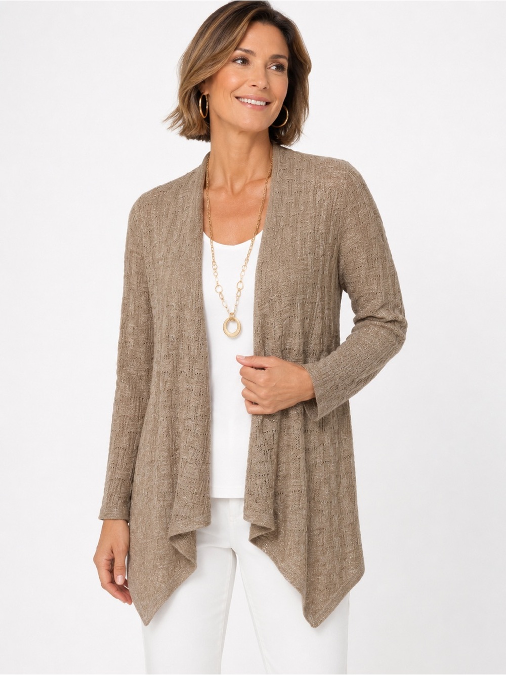 Chicos Travelers Size 1 Medium Cardigan Open‎ Front Gold Metallic Basketweave